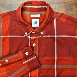 Gap Button Down Shirt Mens S Red Plaid Untucked Cotton Long Sleeve Fall Fashion
